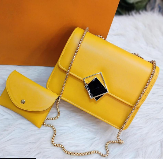 2 Pcs PU Leather Handbag With Long Golden Chain