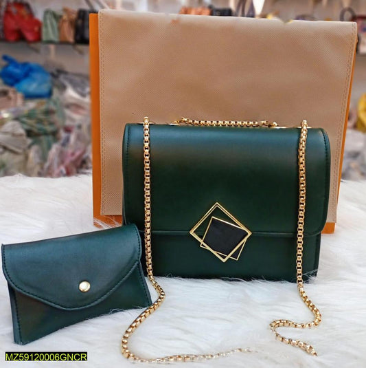 2 Pcs PU Leather Handbag With Long Golden Chain