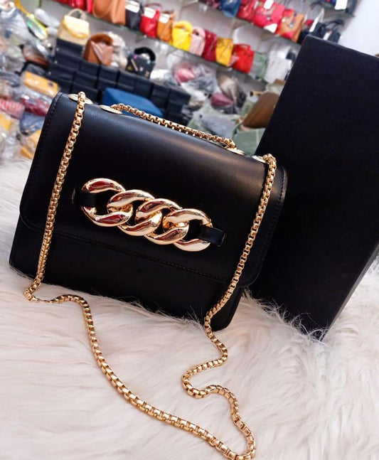 PU Leather Plain Handbag With Long Chain Strap