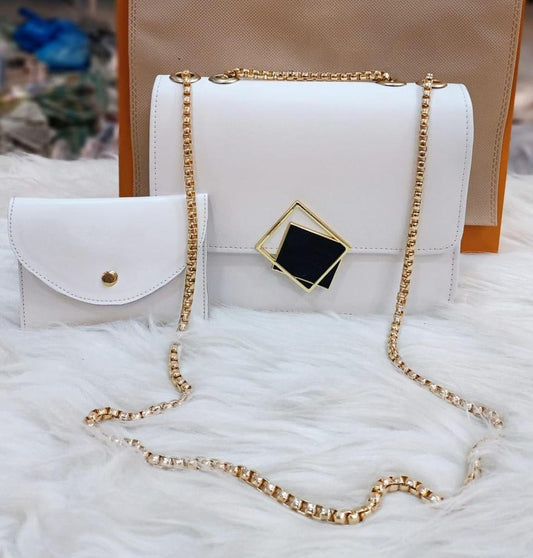 2 Pcs PU Leather Handbag With Long Golden Chain