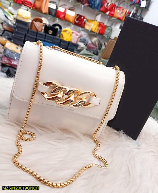 PU Leather Plain Handbag With Long Chain Strap