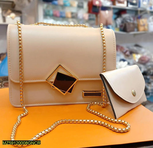 2 Pcs PU Leather Handbag With Long Golden Chain