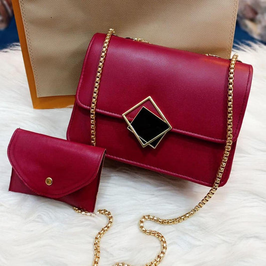 2 Pcs PU Leather Handbag With Long Golden Chain